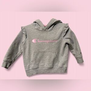 Champion Baby Girls Hoodie Pink Logo Ruffle Shoulder Gray Pullover 12-18M